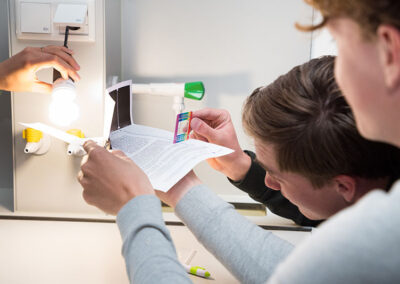 physics students studying frequencies of light in an emission spectrum